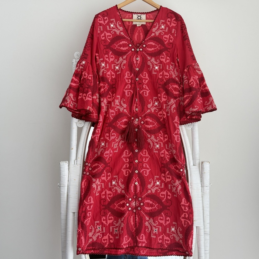 Figue Dress Small Red Embroidered Bell Sleeve Kaftan Cotton Minette Boho Resort